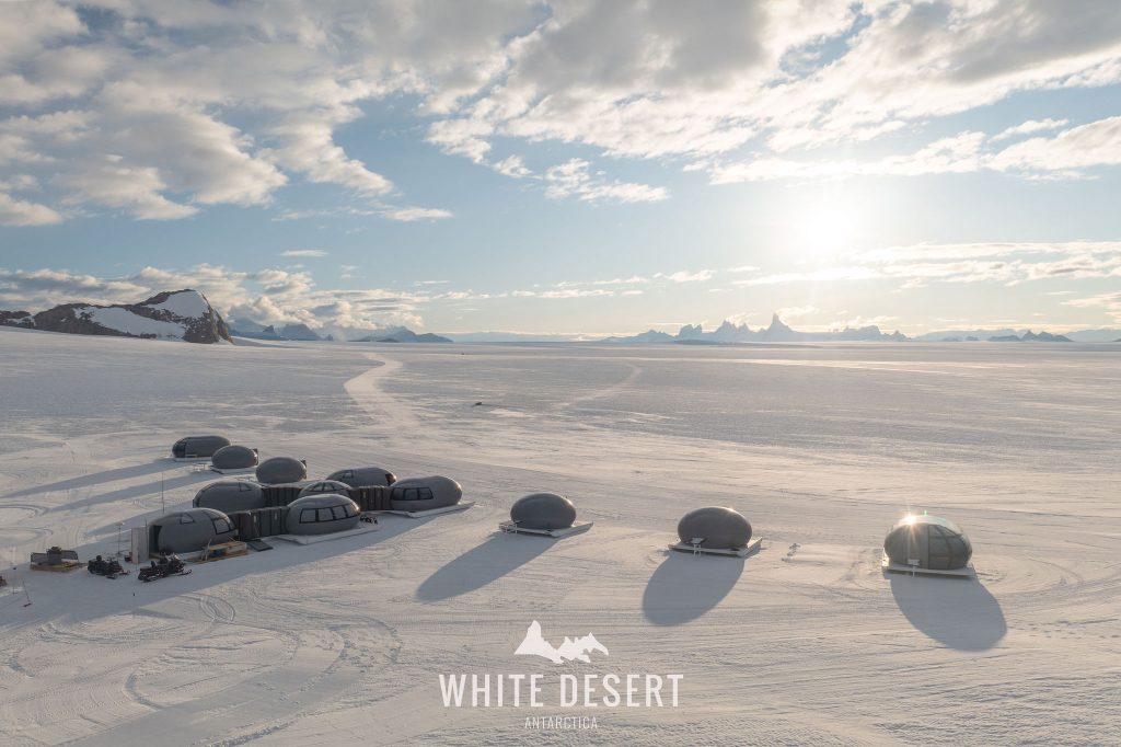 white desert village in antartica