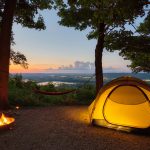 tipico campground in usa con fuoco acceso davanti alla tenda
